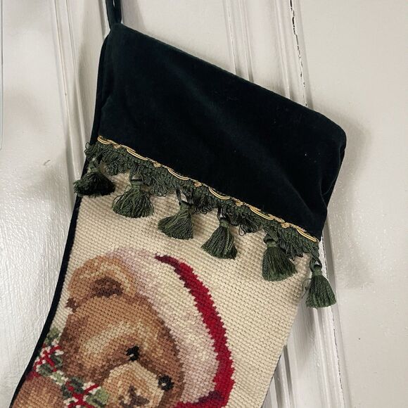 Green Velvet Back Wool Cross Stitch Christmas Stocking Teddy bear Big Plaid Bow - Picture 3 of 5